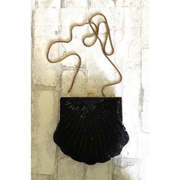 VTG Carolyne Barton Black Beaded Clam Clutch Shoulder Evening Purse Crossbody - Picture 2 of 7